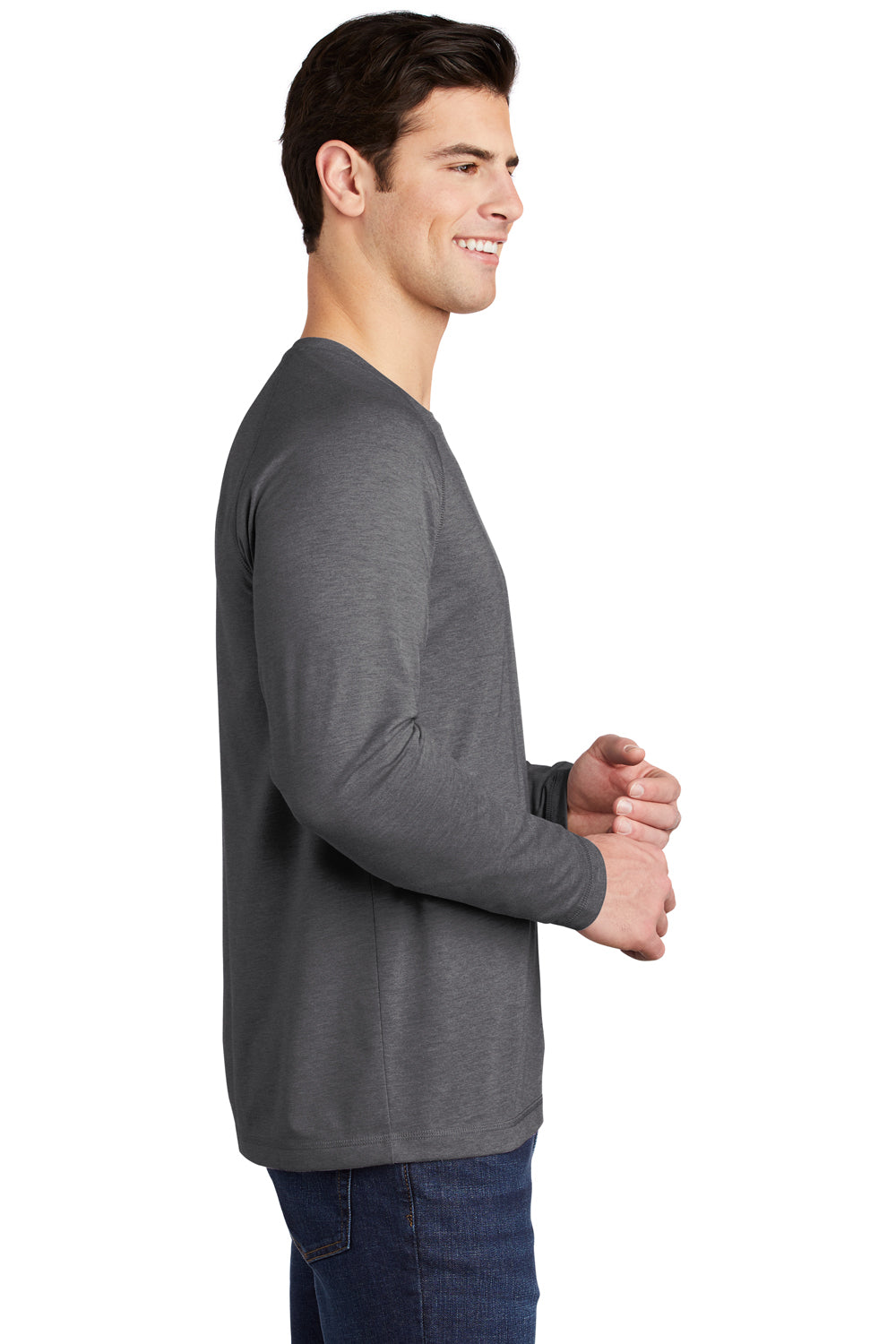 Sport-Tek ST400LS Mens Moisture Wicking Long Sleeve Crewneck T-Shirt Heather Dark Grey Model Side