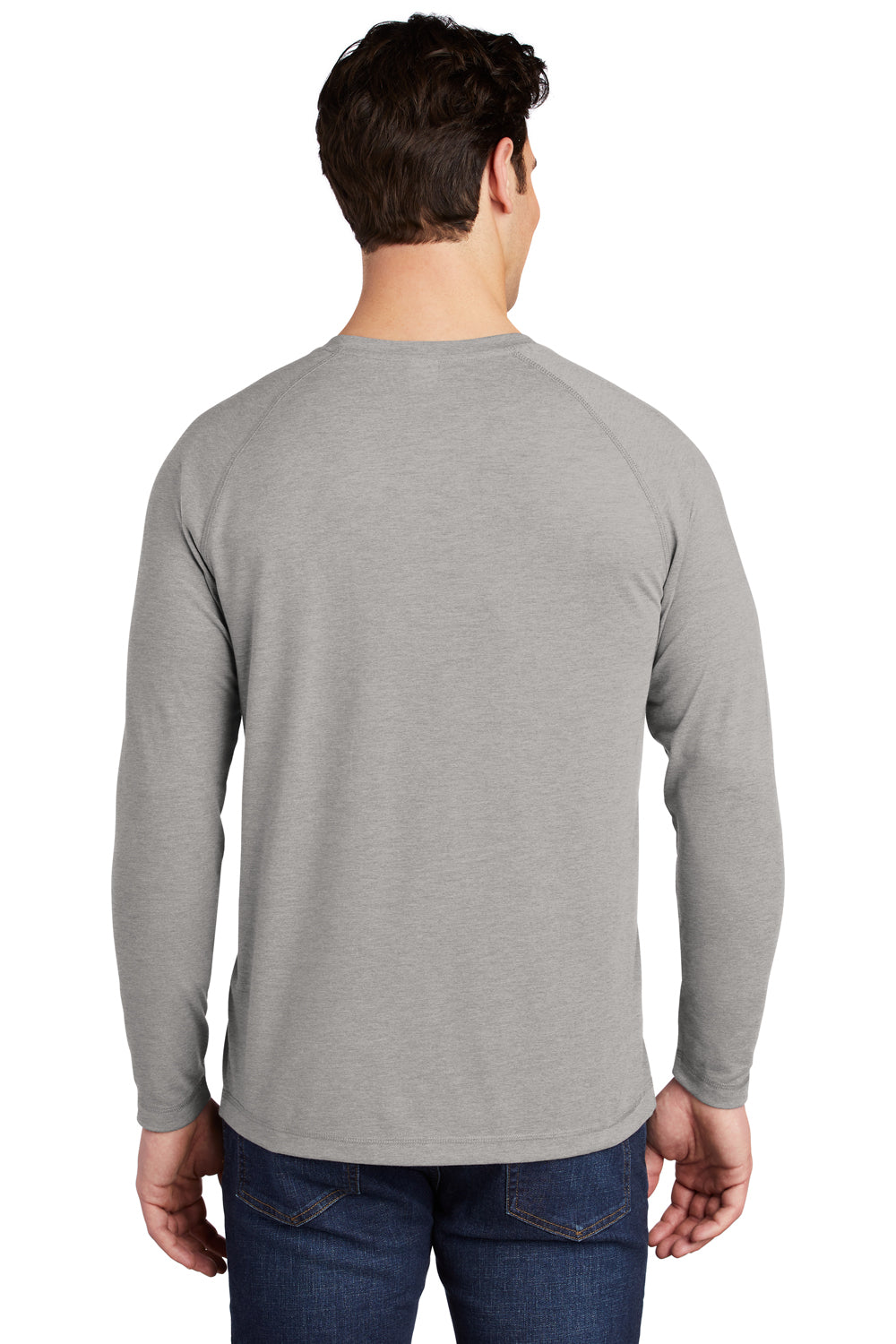 Sport-Tek ST400LS Mens Moisture Wicking Long Sleeve Crewneck T-Shirt Heather Light Grey Model Back