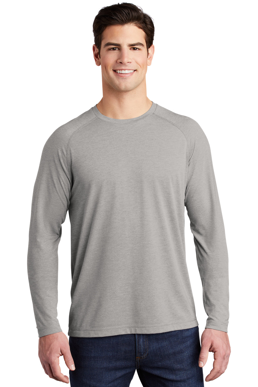 Sport-Tek ST400LS Mens Moisture Wicking Long Sleeve Crewneck T-Shirt Heather Light Grey Model Front