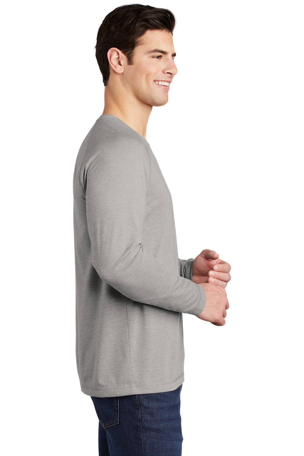 Sport-Tek ST400LS Mens Moisture Wicking Long Sleeve Crewneck T-Shirt Heather Light Grey Model Side