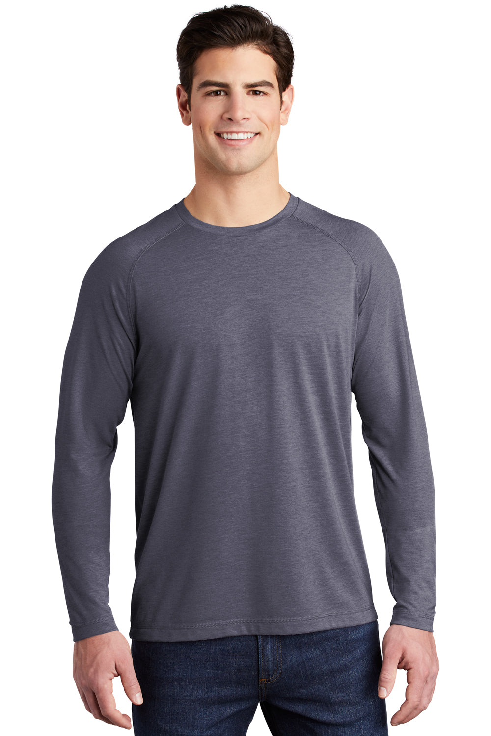 Sport-Tek ST400LS Mens Moisture Wicking Long Sleeve Crewneck T-Shirt Heather True Navy Blue Model Front