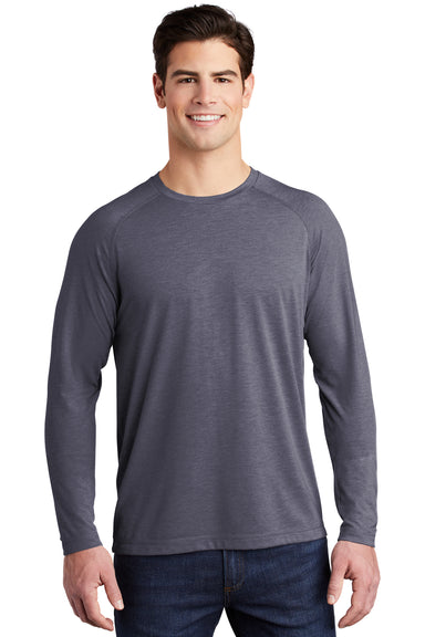 Sport-Tek ST400LS Mens Moisture Wicking Long Sleeve Crewneck T-Shirt Heather True Navy Blue Model Front