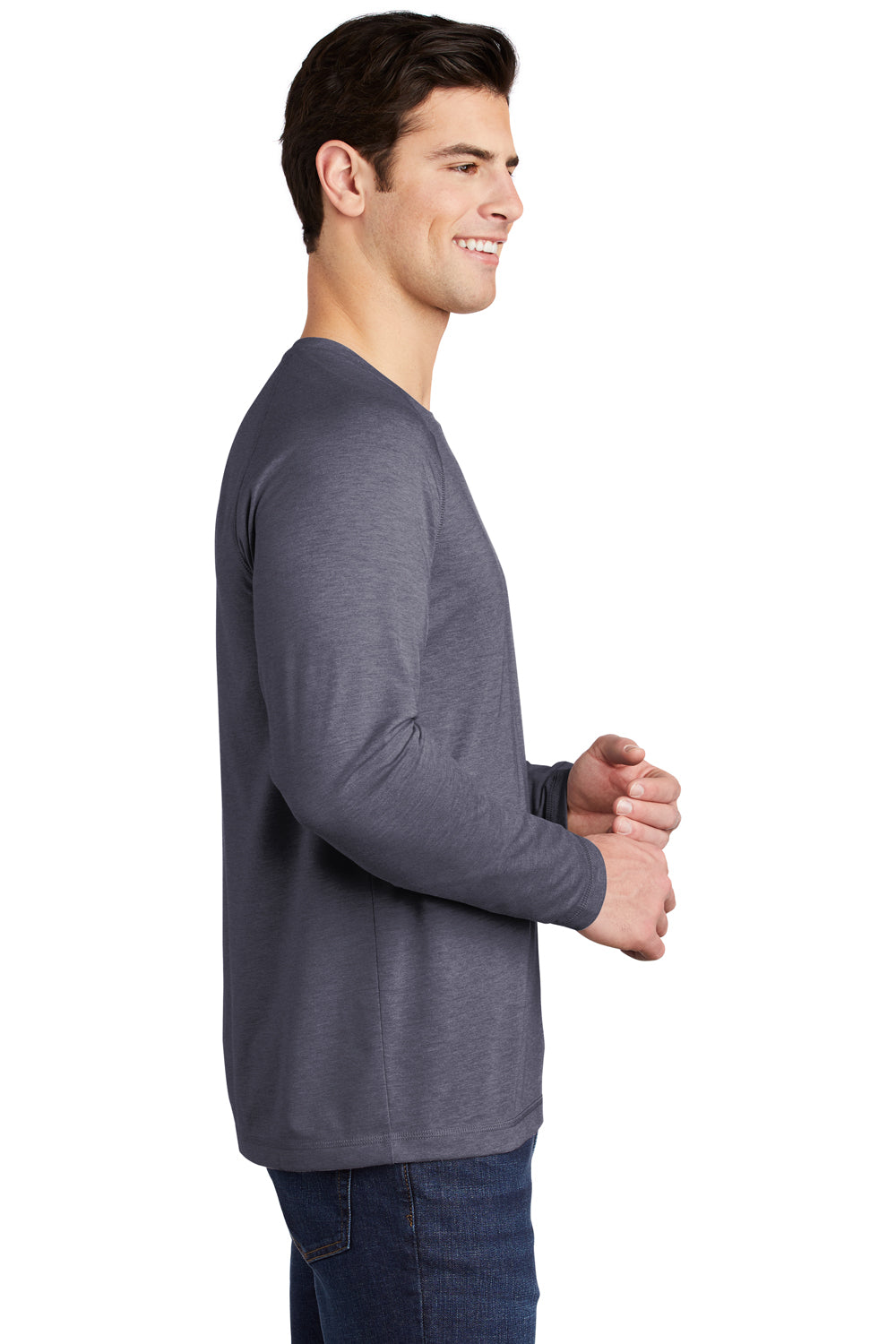 Sport-Tek ST400LS Mens Moisture Wicking Long Sleeve Crewneck T-Shirt Heather True Navy Blue Model Side