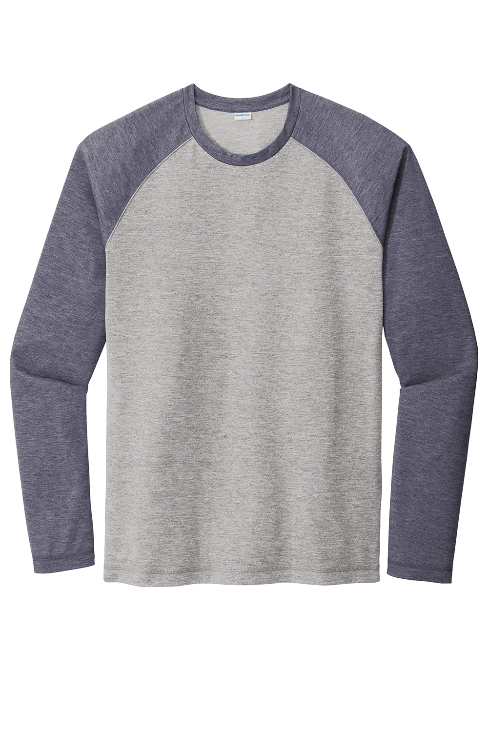 Sport-Tek ST400LS Mens Moisture Wicking Long Sleeve Crewneck T-Shirt Heather Light Grey/Heather True Navy Blue Flat Front