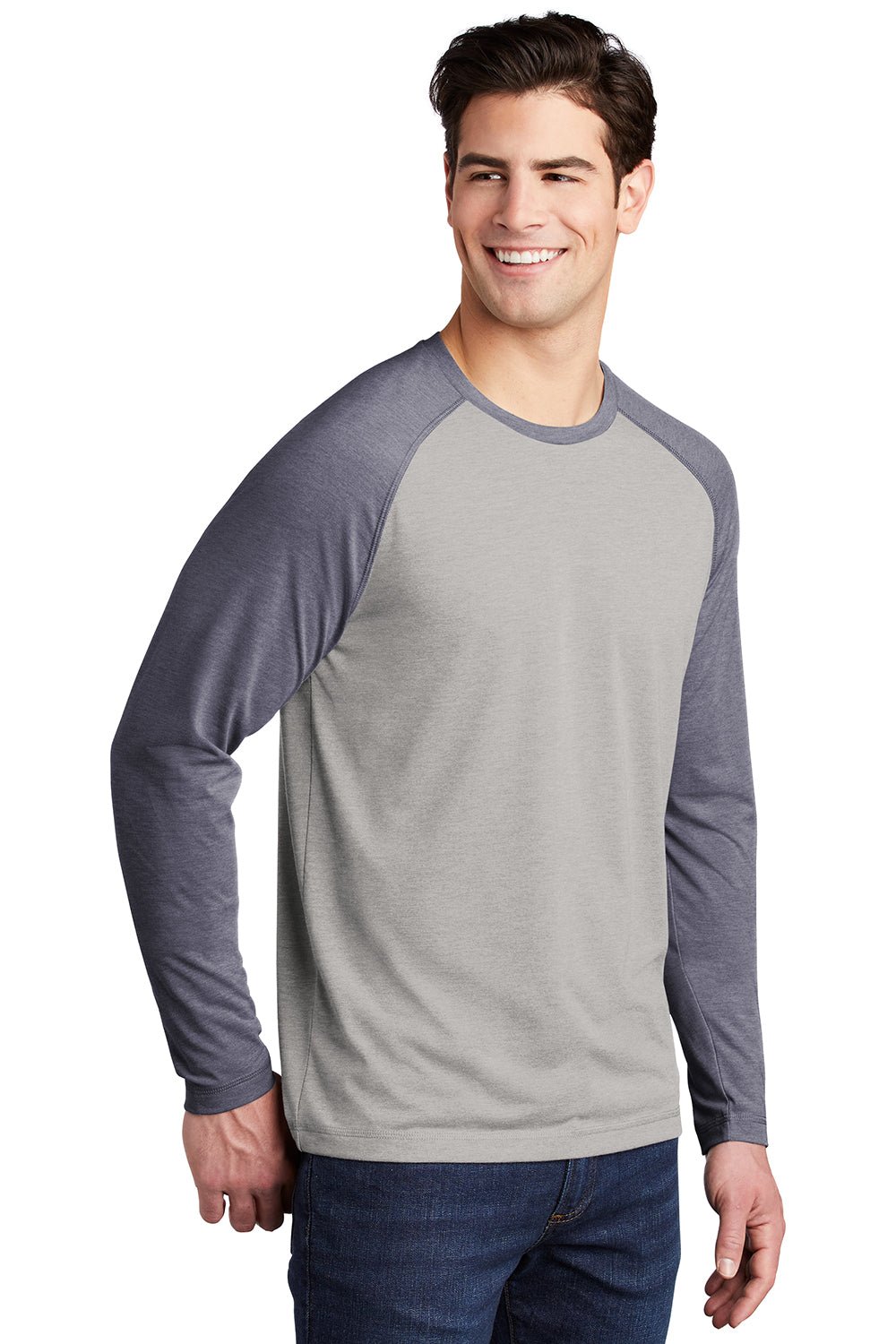 Sport-Tek ST400LS Mens Moisture Wicking Long Sleeve Crewneck T-Shirt Heather Light Grey/Heather True Navy Blue Model 3q