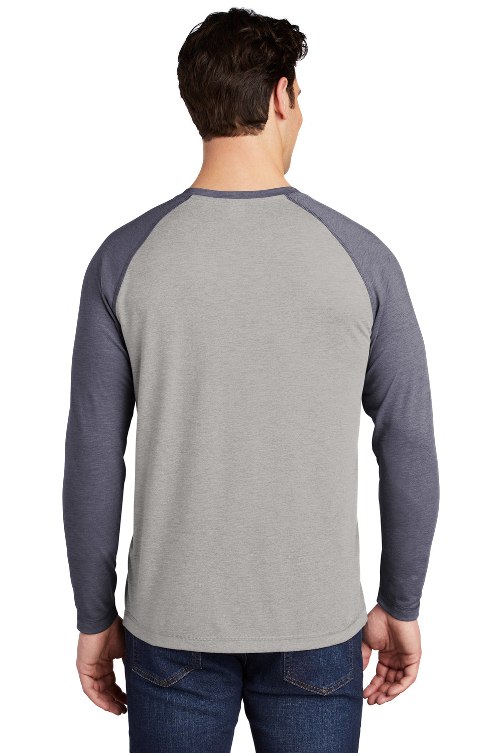 Sport-Tek ST400LS Mens Moisture Wicking Long Sleeve Crewneck T-Shirt Heather Light Grey/Heather True Navy Blue Model Back