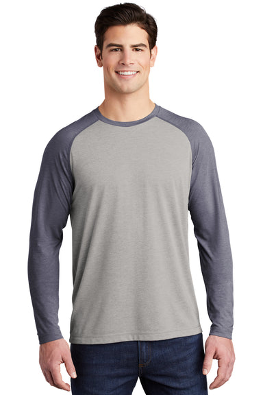 Sport-Tek ST400LS Mens Moisture Wicking Long Sleeve Crewneck T-Shirt Heather Light Grey/Heather True Navy Blue Model Front