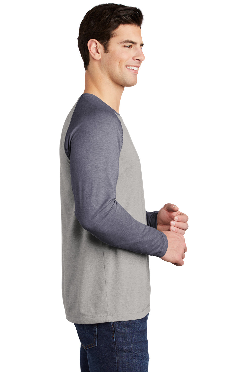 Sport-Tek ST400LS Mens Moisture Wicking Long Sleeve Crewneck T-Shirt Heather Light Grey/Heather True Navy Blue Model Side