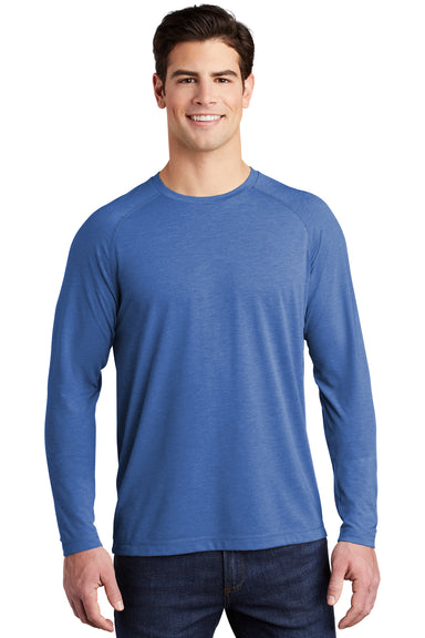 Sport-Tek ST400LS Mens Moisture Wicking Long Sleeve Crewneck T-Shirt Heather True Royal Blue Model Front