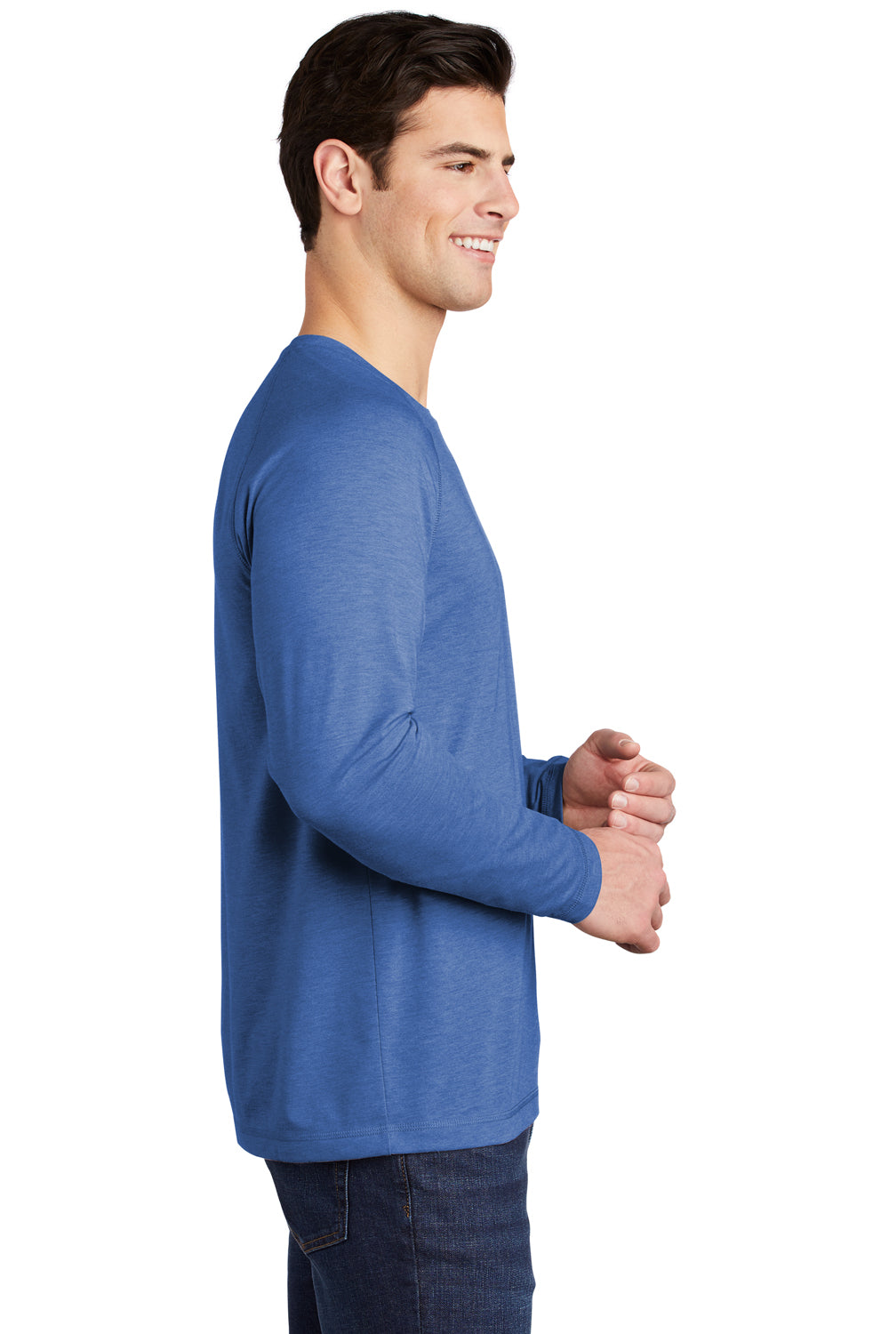 Sport-Tek ST400LS Mens Moisture Wicking Long Sleeve Crewneck T-Shirt Heather True Royal Blue Model Side