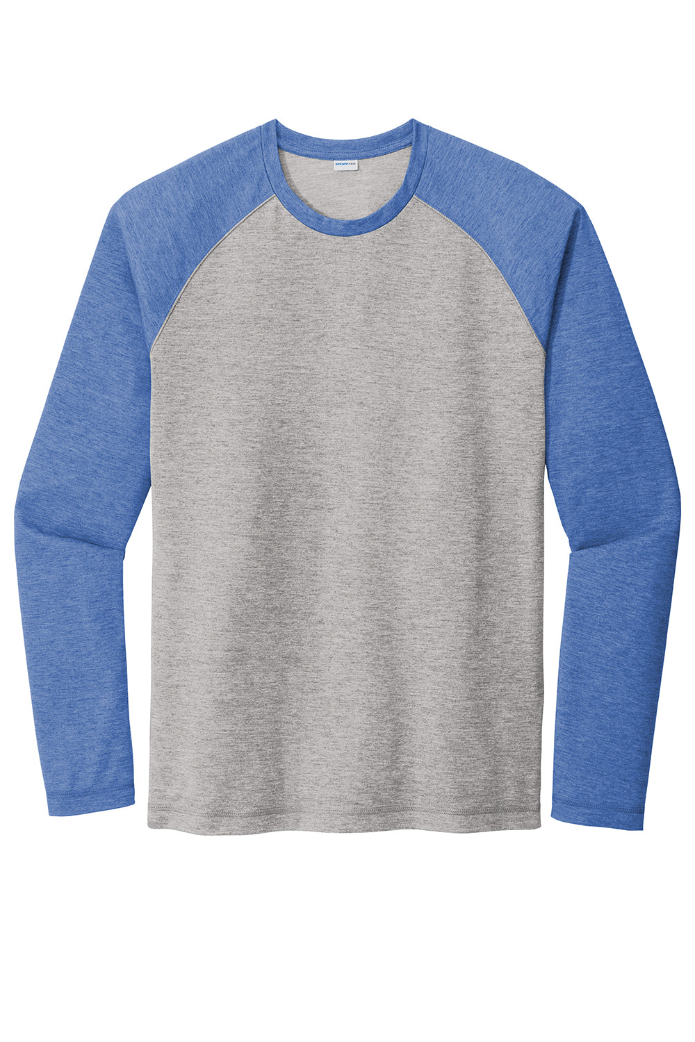 Sport-Tek ST400LS Mens Moisture Wicking Long Sleeve Crewneck T-Shirt Heather Light Grey/Heather True Royal Blue Flat Front