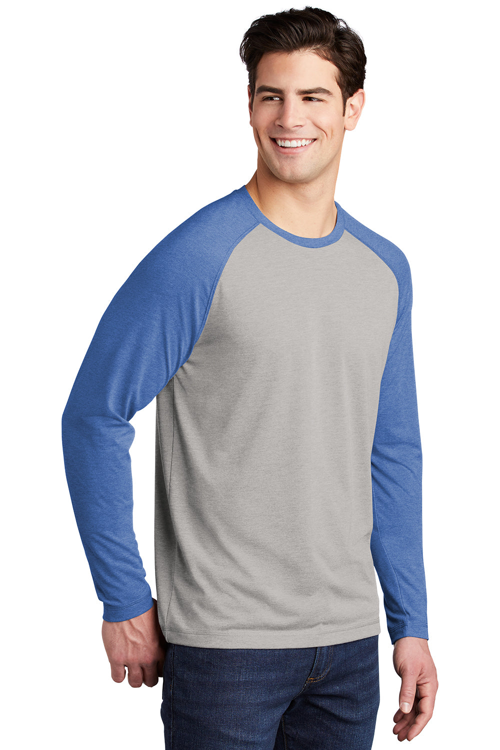 Sport-Tek ST400LS Mens Moisture Wicking Long Sleeve Crewneck T-Shirt Heather Light Grey/Heather True Royal Blue Model 3q