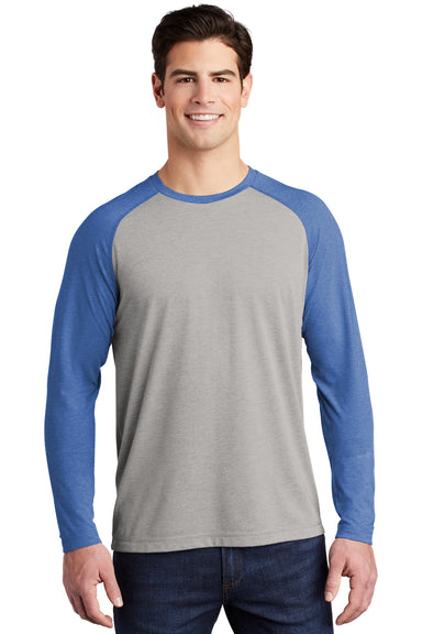 Sport-Tek ST400LS Mens Moisture Wicking Long Sleeve Crewneck T-Shirt Heather Light Grey/Heather True Royal Blue Model Front