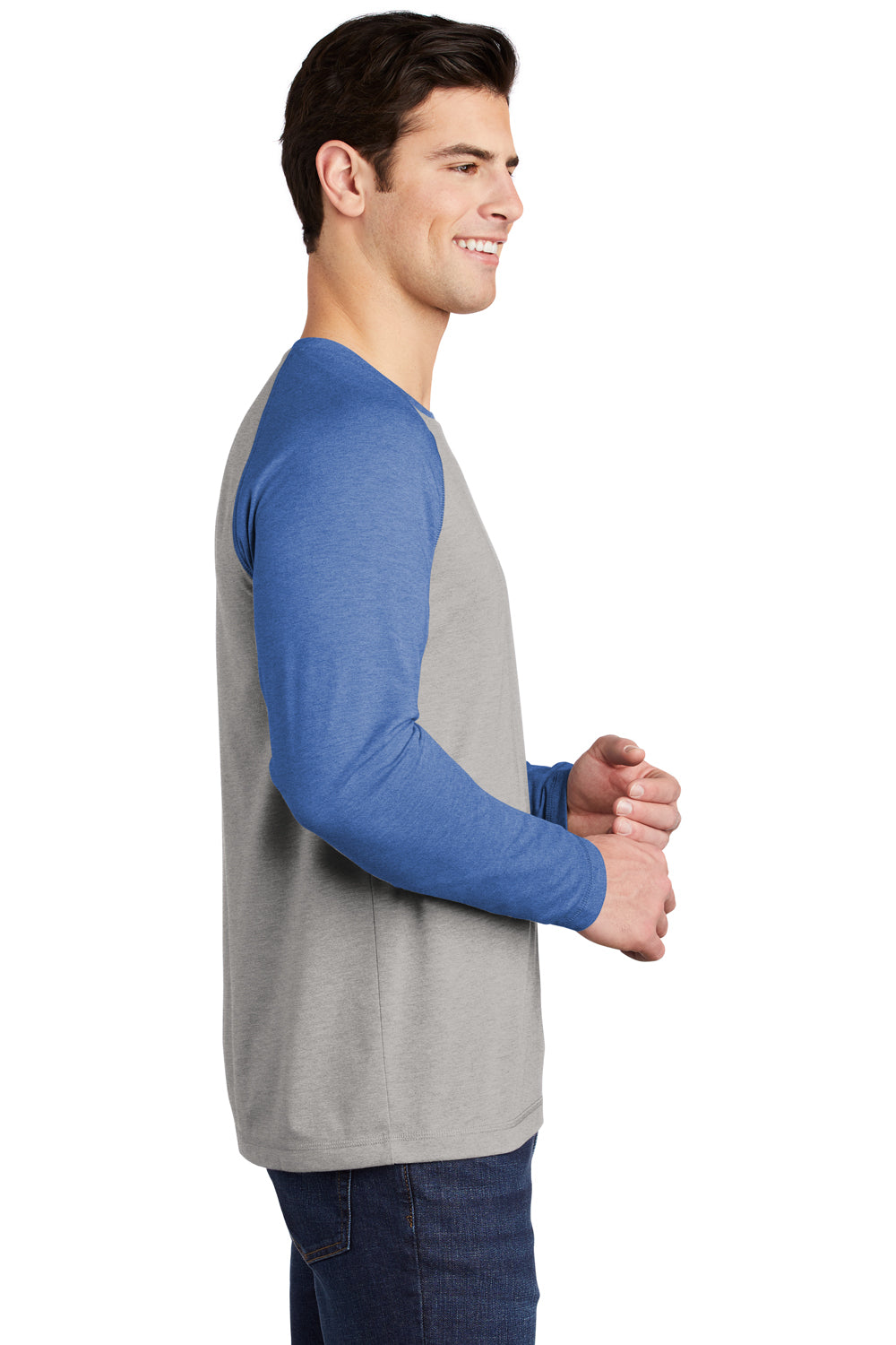 Sport-Tek ST400LS Mens Moisture Wicking Long Sleeve Crewneck T-Shirt Heather Light Grey/Heather True Royal Blue Model Side