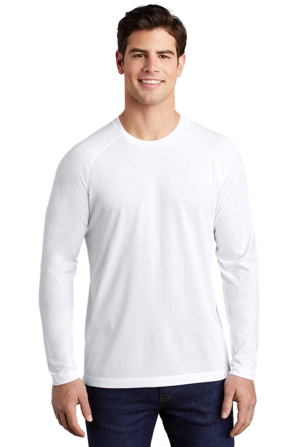 Sport-Tek ST400LS Mens Moisture Wicking Long Sleeve Crewneck T-Shirt White Model Front