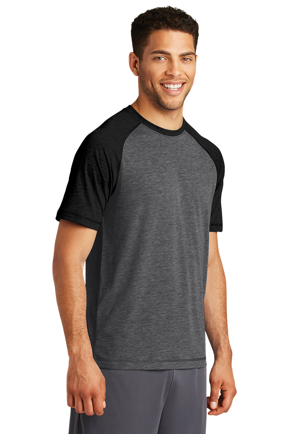 Sport-Tek ST400 Mens Moisture Wicking Short Sleeve Crewneck T-Shirt Heather Dark Grey/Black Triad Model 3q