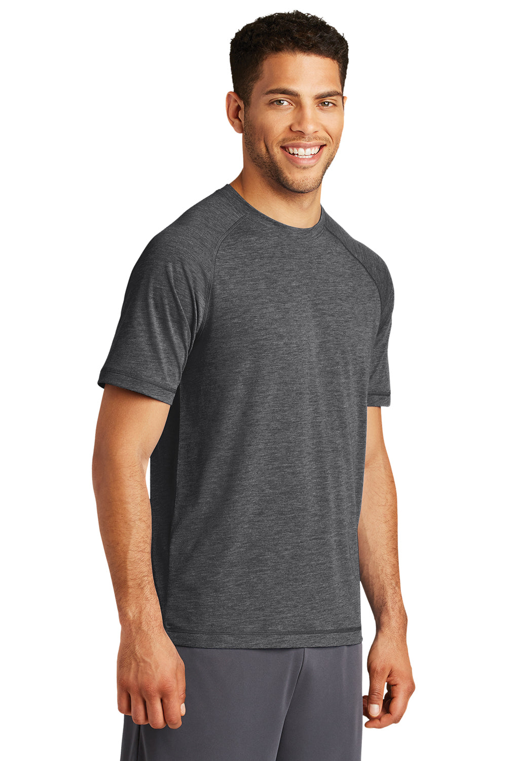 Sport-Tek ST400 Mens Moisture Wicking Short Sleeve Crewneck T-Shirt Heather Dark Grey Model 3q