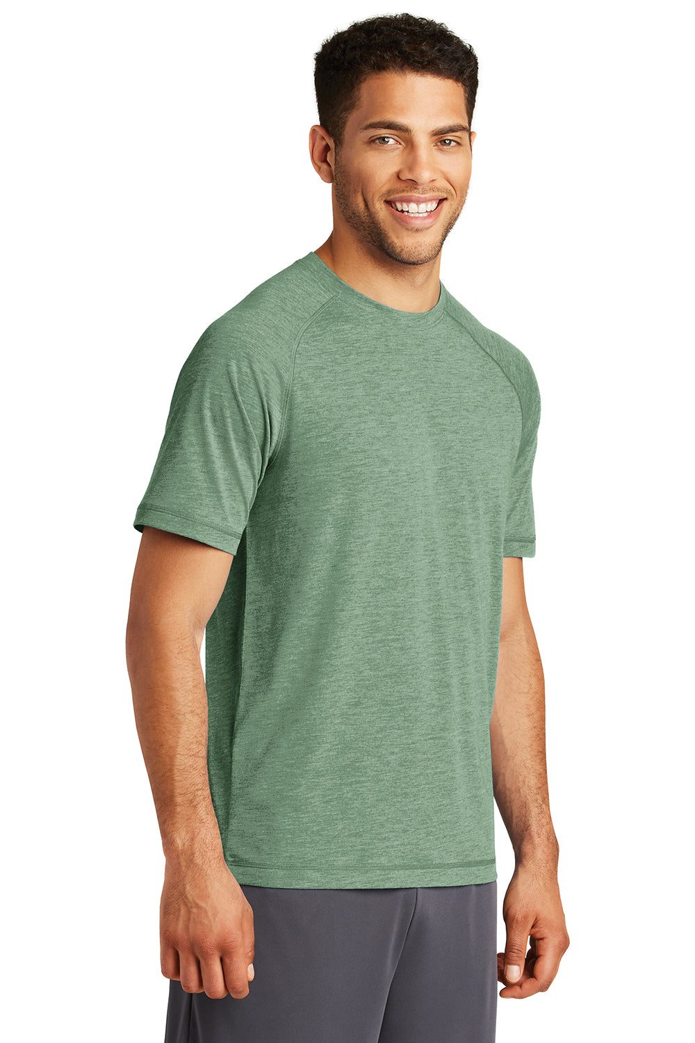 Sport-Tek ST400 Mens Moisture Wicking Short Sleeve Crewneck T-Shirt Heather Forest Green Model 3q