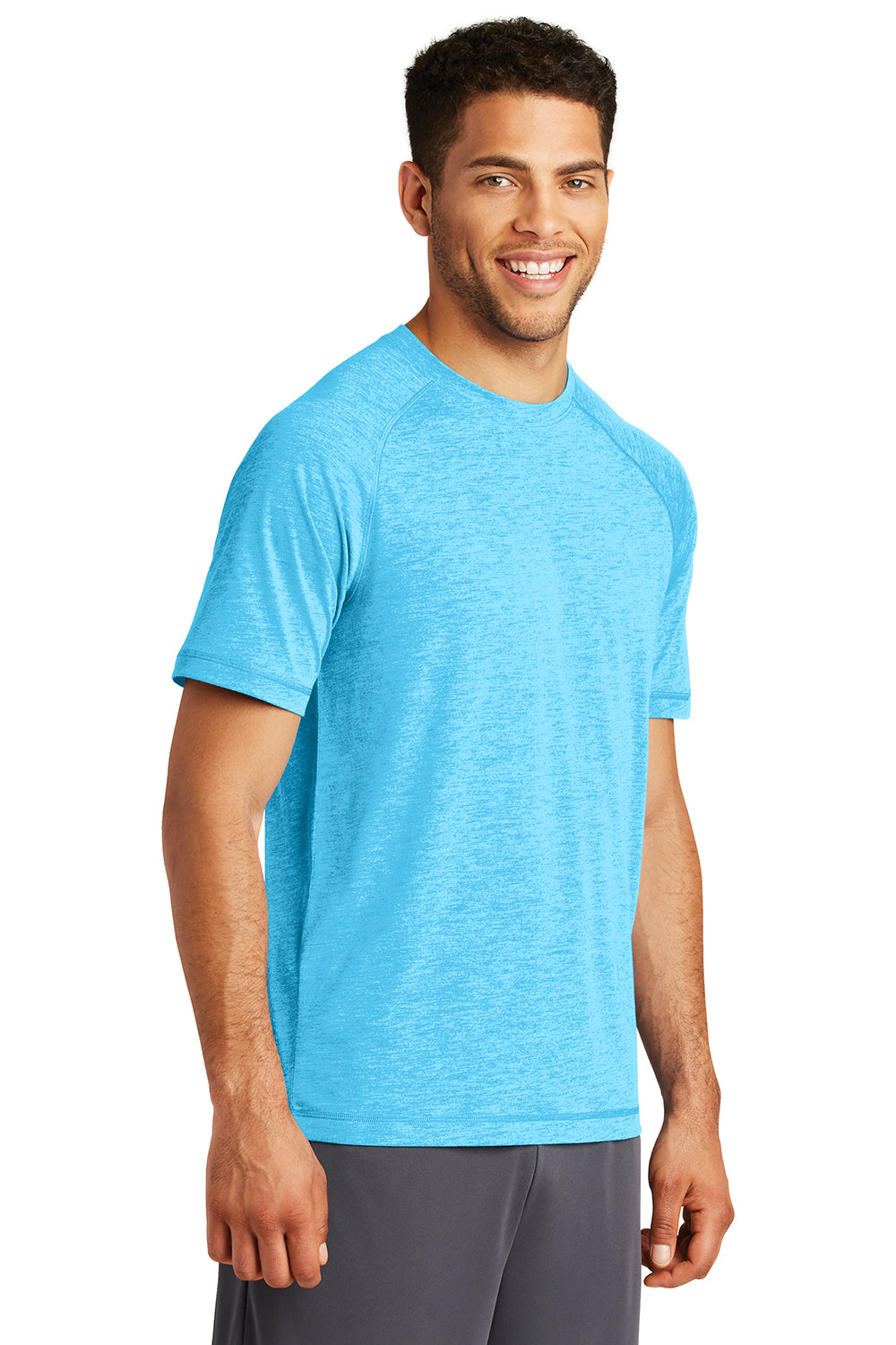 Sport-Tek ST400 Mens Moisture Wicking Short Sleeve Crewneck T-Shirt Heather Pond Blue Model 3q