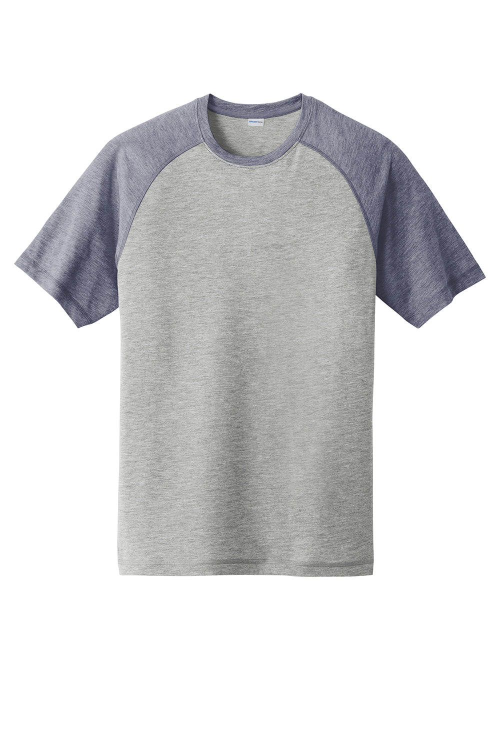 Sport-Tek ST400 Mens Moisture Wicking Short Sleeve Crewneck T-Shirt Heather Light Grey/Heather True Navy Blue Flat Front