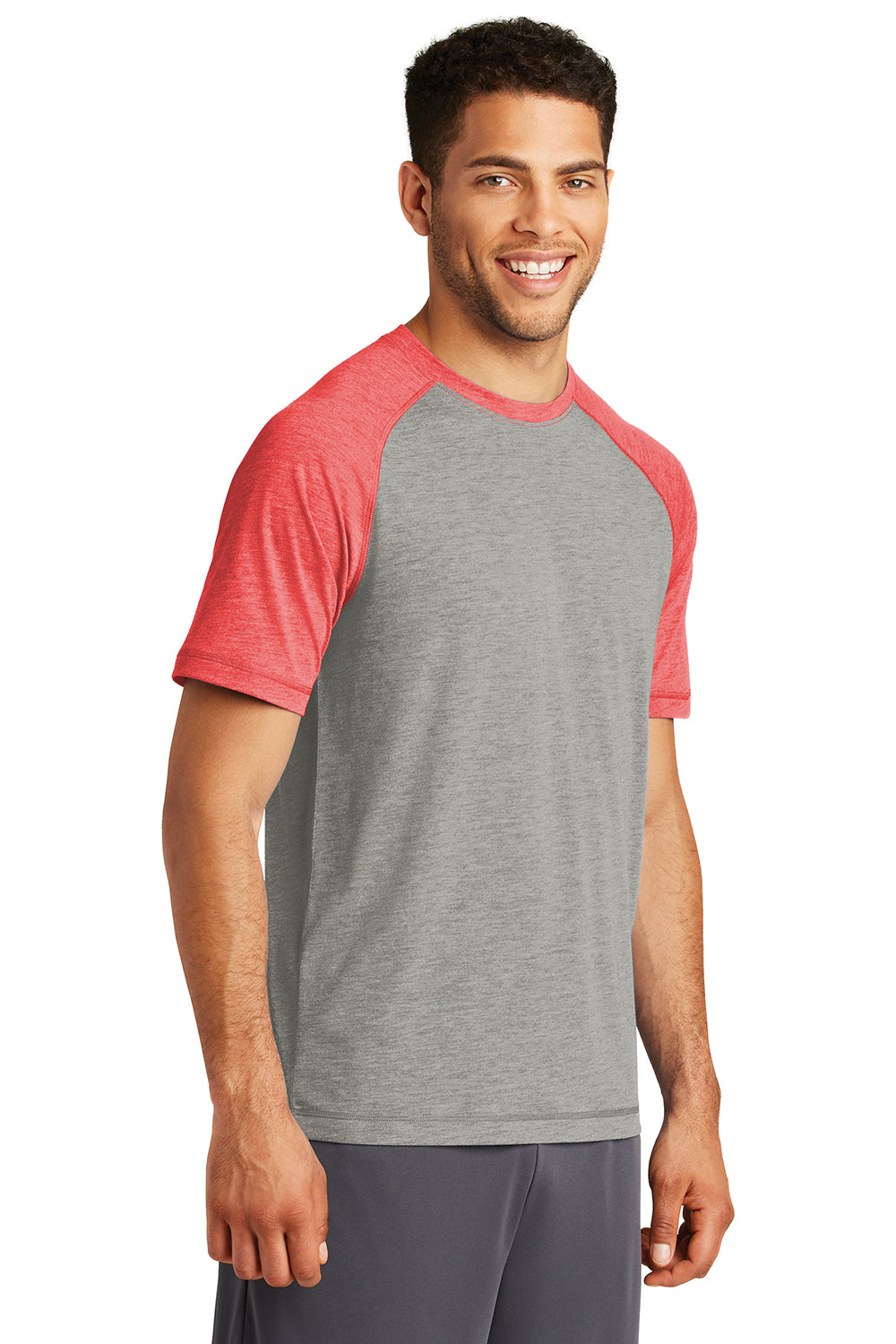 Sport-Tek ST400 Mens Moisture Wicking Short Sleeve Crewneck T-Shirt Heather Light Grey/Heather True Red Model 3q