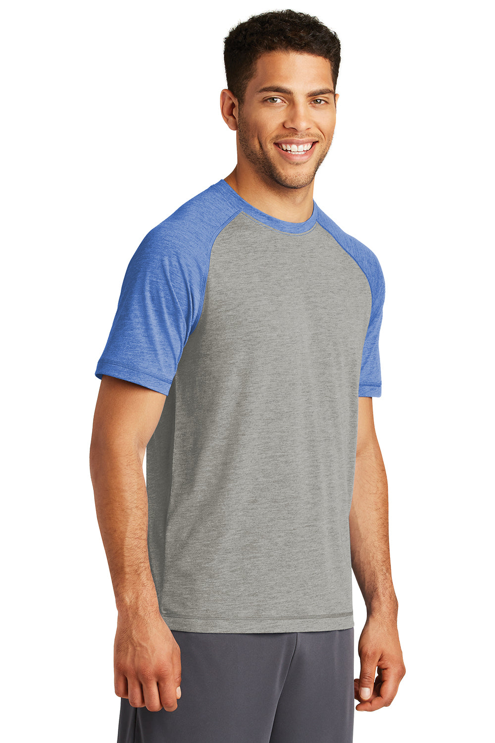 Sport-Tek ST400 Mens Moisture Wicking Short Sleeve Crewneck T-Shirt Heather Light Grey/Heather True Royal Blue Model 3q