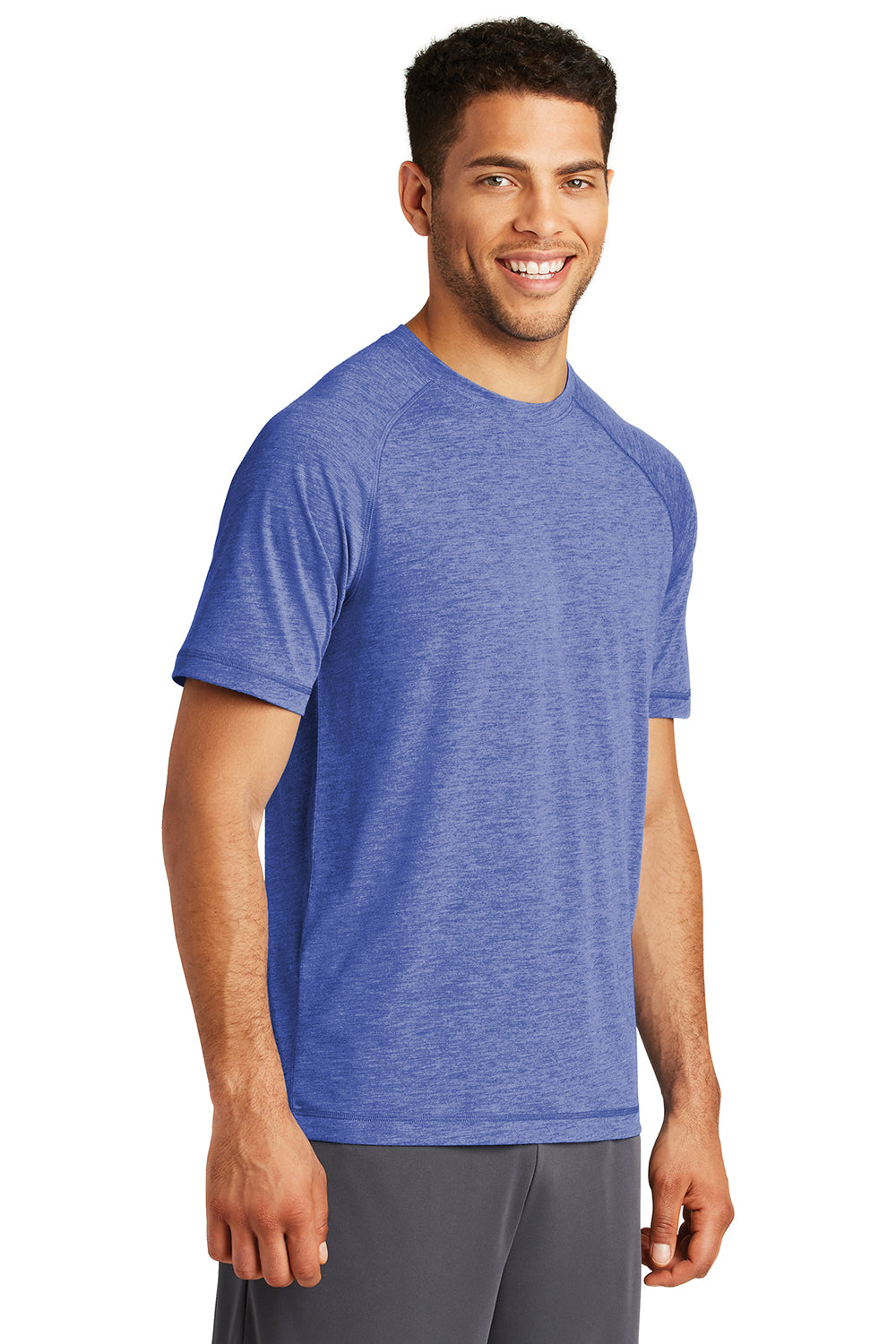 Sport-Tek ST400 Mens Moisture Wicking Short Sleeve Crewneck T-Shirt Heather True Royal Blue Model 3q