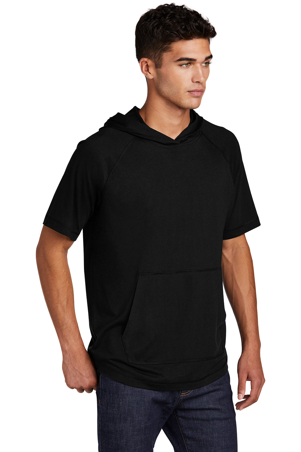 Sport-Tek ST404 Mens Moisture Wicking Short Sleeve Hooded T-Shirt Hoodie Black Model 3q