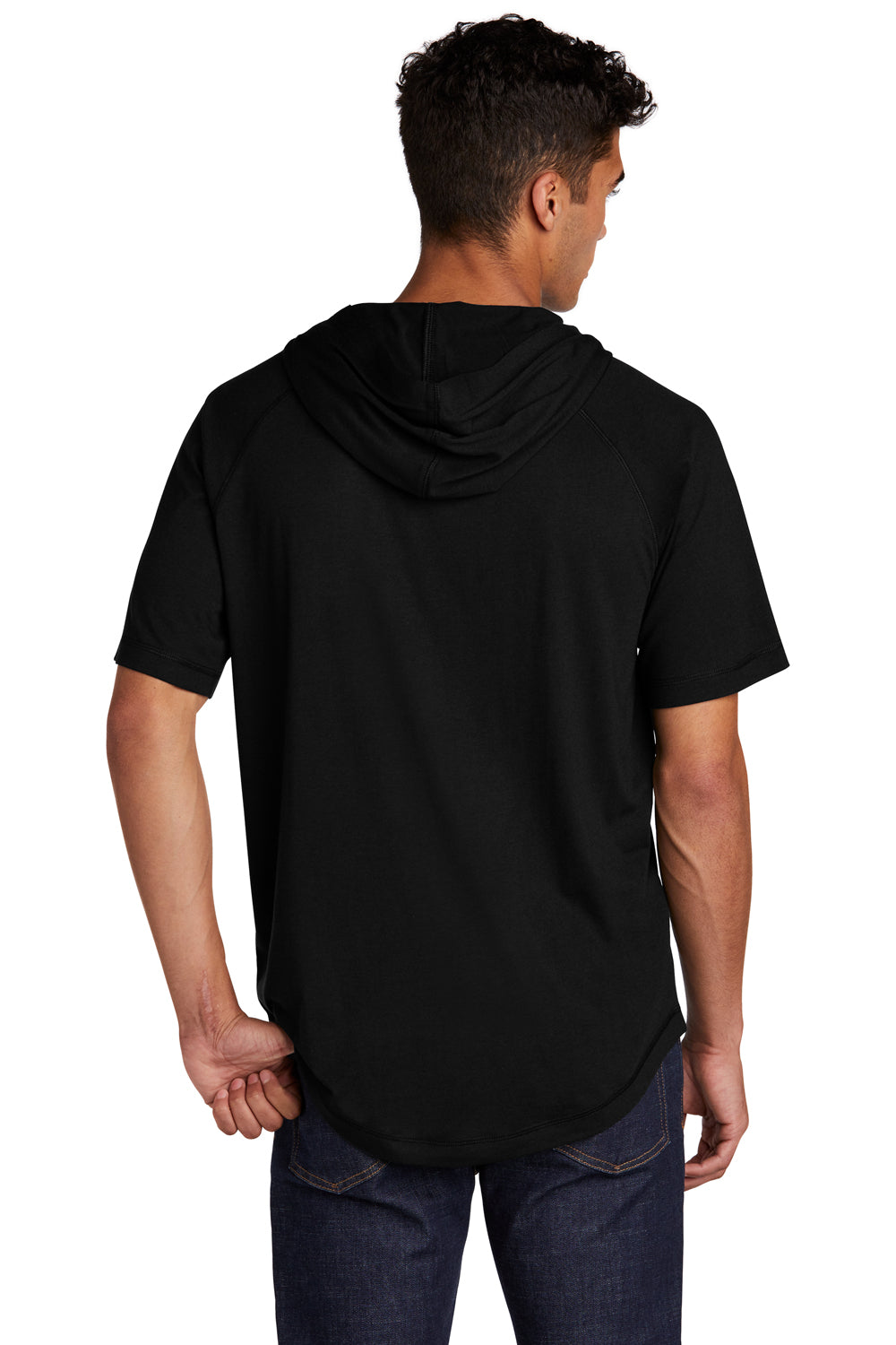 Sport-Tek ST404 Mens Moisture Wicking Short Sleeve Hooded T-Shirt Hoodie Black Model Back