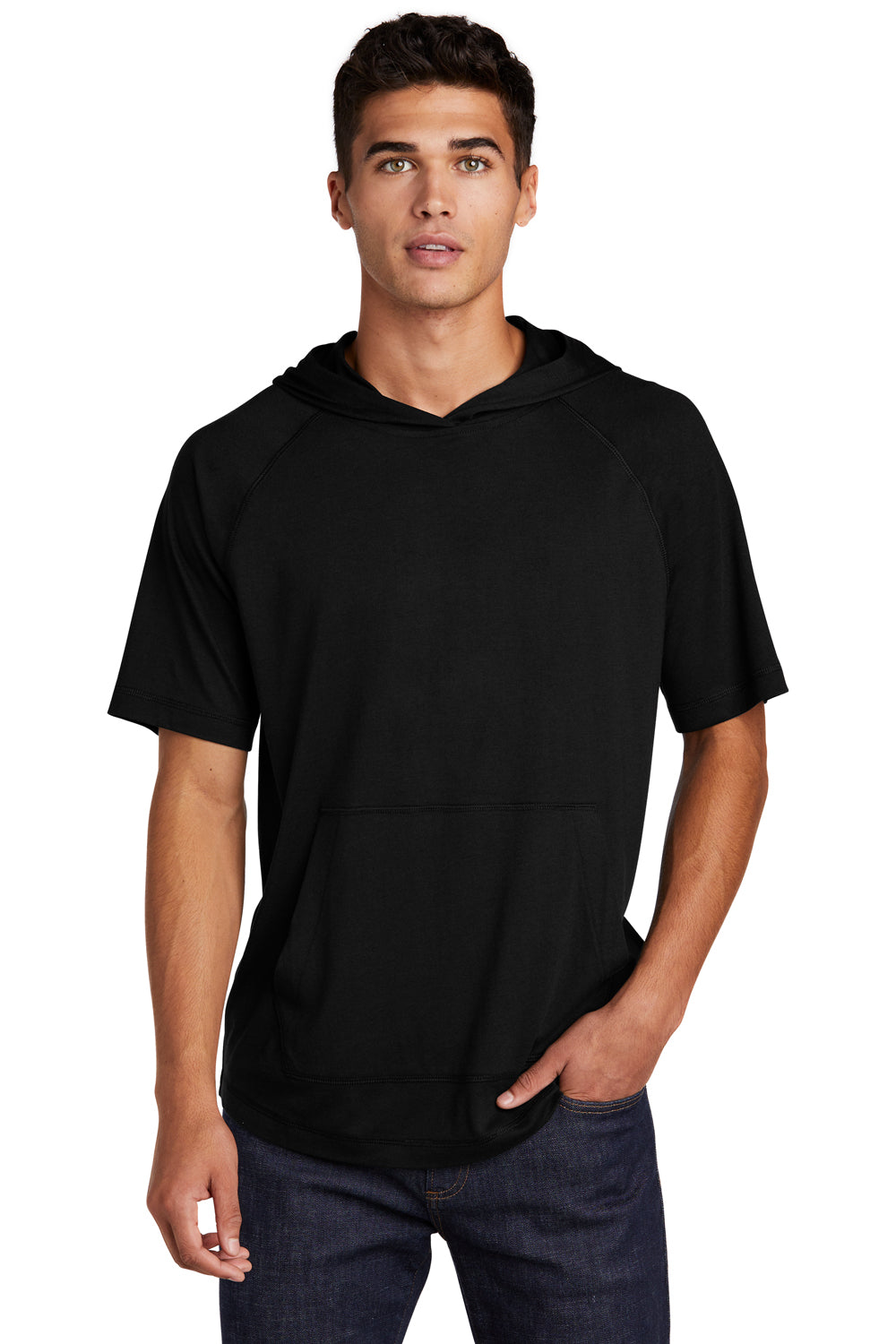 Sport-Tek ST404 Mens Moisture Wicking Short Sleeve Hooded T-Shirt Hoodie Black Model Front