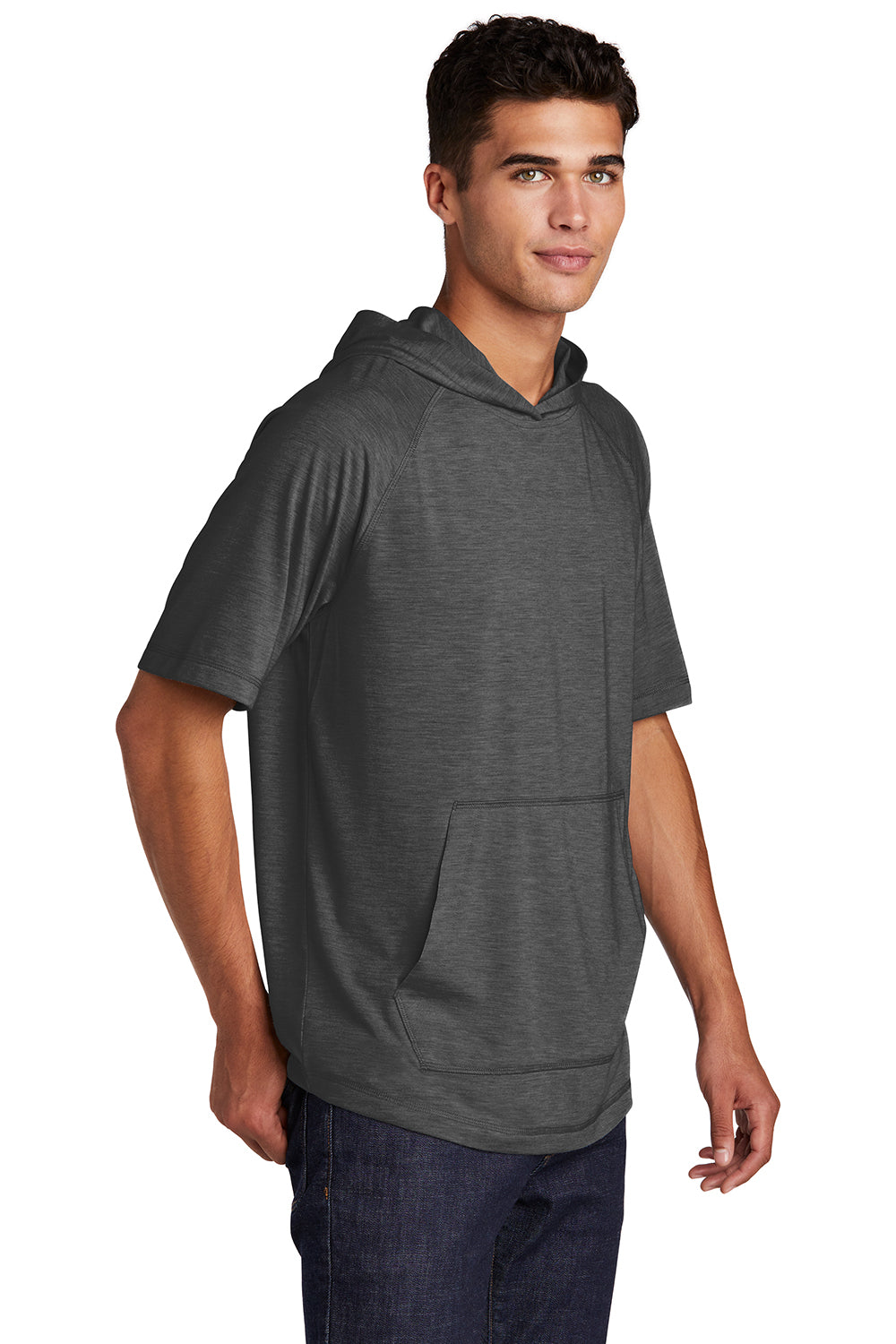 Sport-Tek ST404 Mens Moisture Wicking Short Sleeve Hooded T-Shirt Hoodie Heather Dark Grey Model 3q