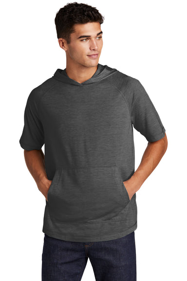 Sport-Tek ST404 Mens Moisture Wicking Short Sleeve Hooded T-Shirt Hoodie Heather Dark Grey Model Front