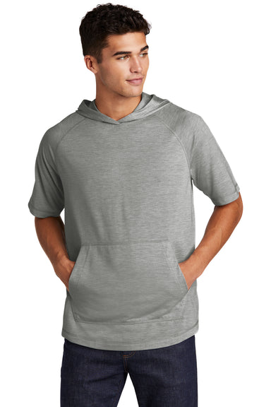 Sport-Tek ST404 Mens Moisture Wicking Short Sleeve Hooded T-Shirt Hoodie Heather Light Grey Model Front