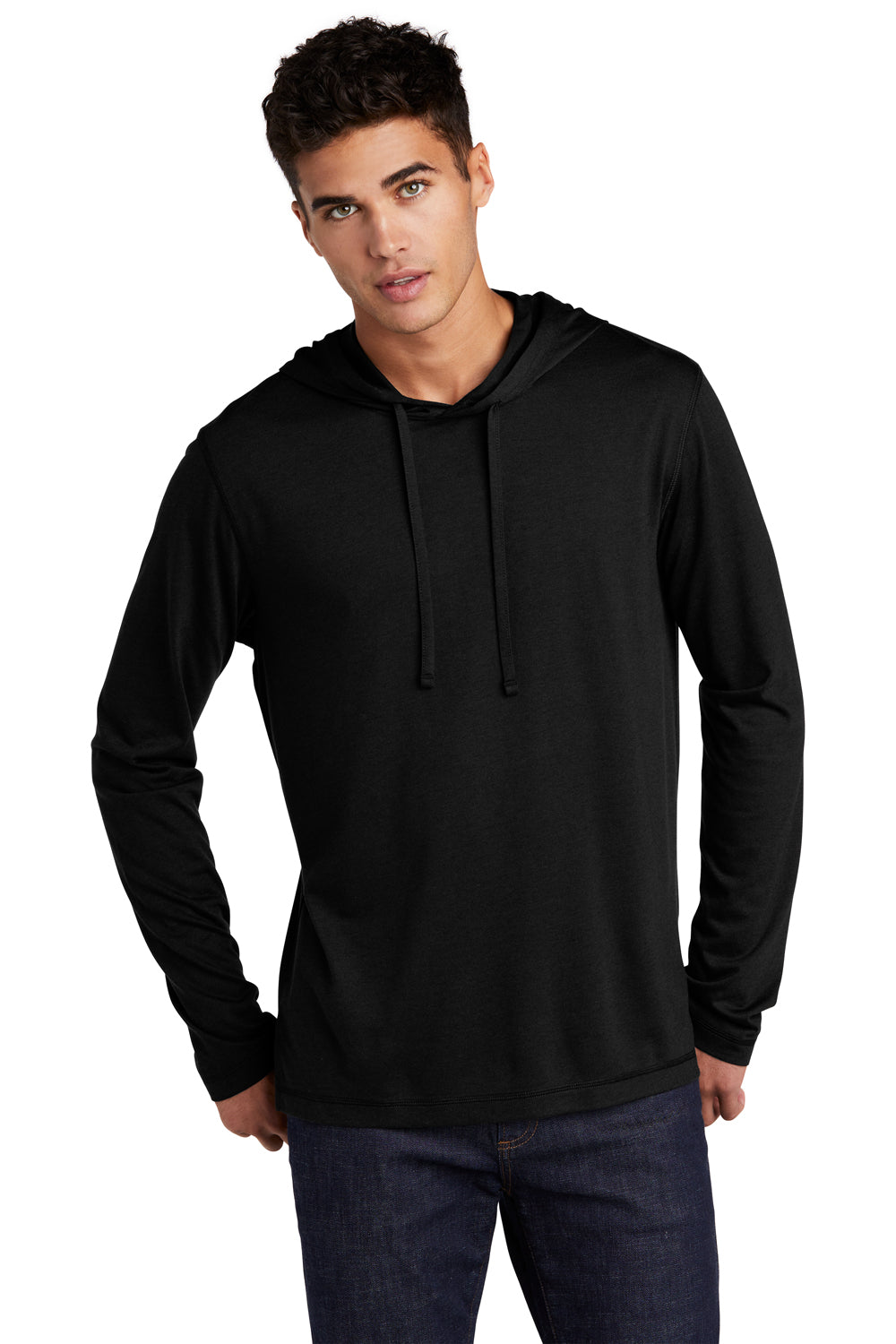 Sport-Tek ST406 Mens Moisture Wicking Long Sleeve Hooded T-Shirt Hoodie Black Model Front