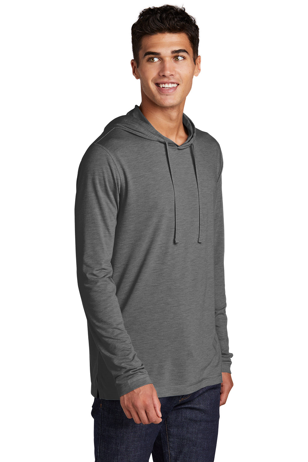 Sport-Tek ST406 Mens Moisture Wicking Long Sleeve Hooded T-Shirt Hoodie Heather Dark Grey Model 3q