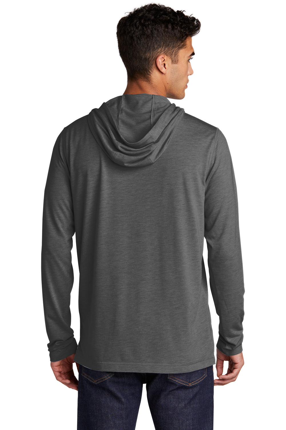 Sport-Tek ST406 Mens Moisture Wicking Long Sleeve Hooded T-Shirt Hoodie Heather Dark Grey Model Back