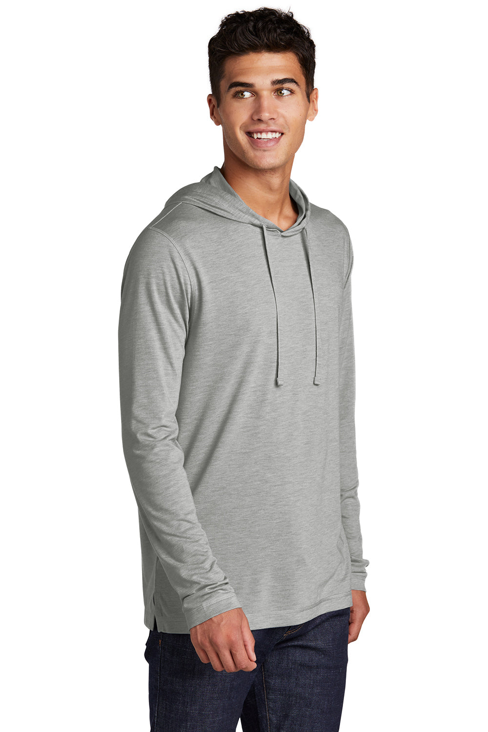 Sport-Tek ST406 Mens Moisture Wicking Long Sleeve Hooded T-Shirt Hoodie Heather Light Grey Model 3q