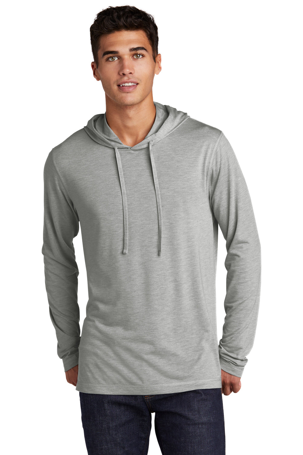 Sport-Tek ST406 Mens Moisture Wicking Long Sleeve Hooded T-Shirt Hoodie Heather Light Grey Model Front