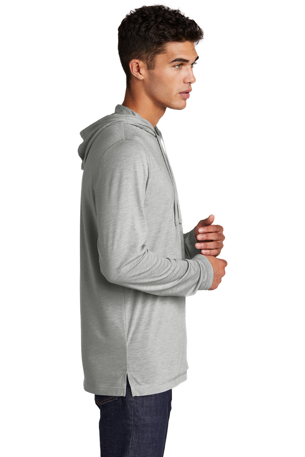 Sport-Tek ST406 Mens Moisture Wicking Long Sleeve Hooded T-Shirt Hoodie Heather Light Grey Model Side