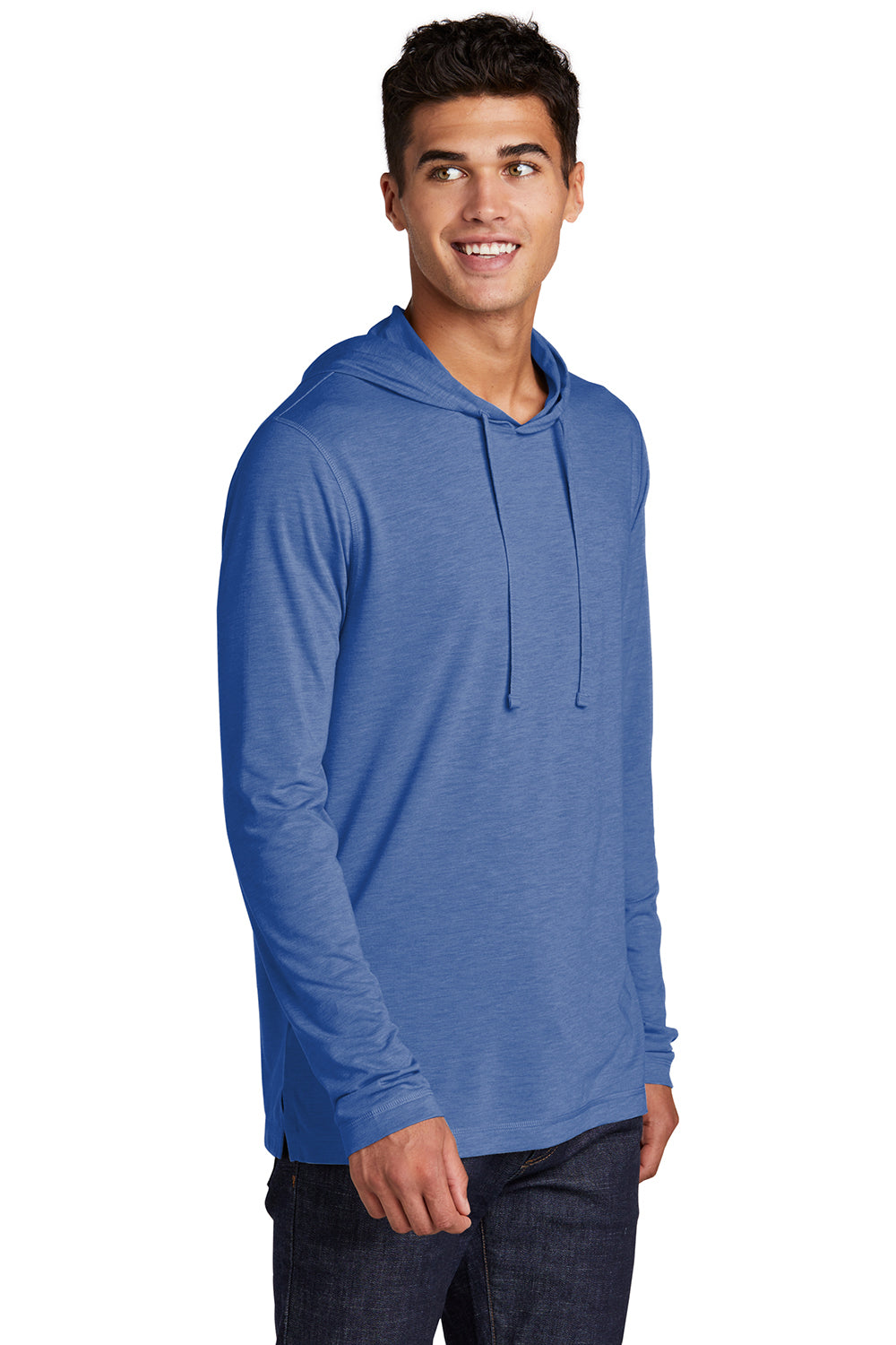 Sport-Tek ST406 Mens Moisture Wicking Long Sleeve Hooded T-Shirt Hoodie Heather True Royal Blue Model 3q