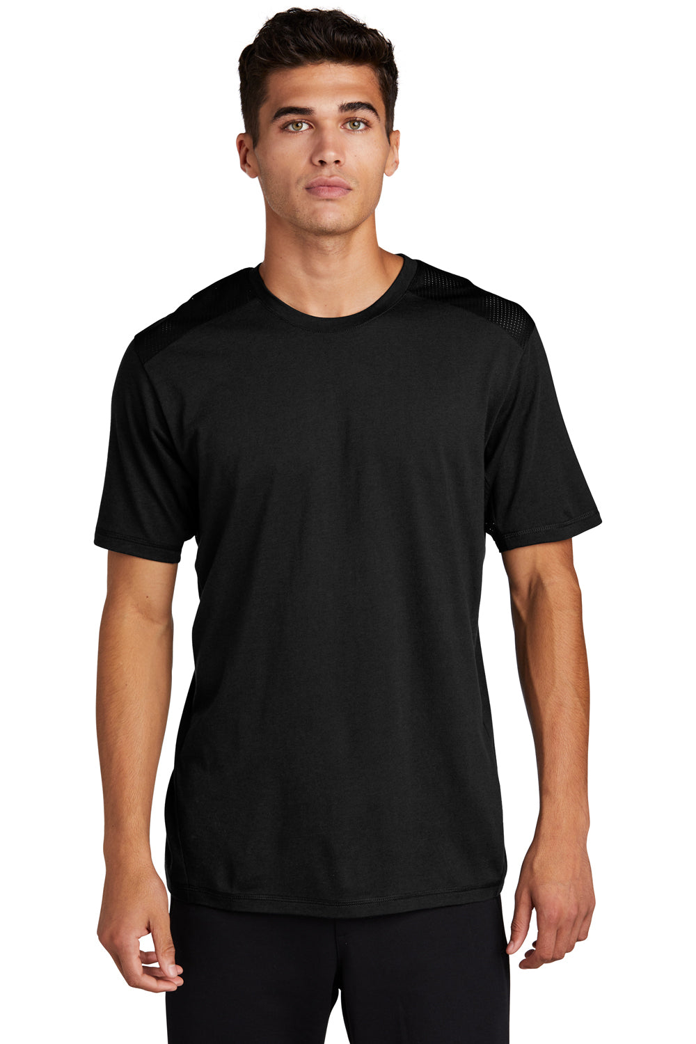 Sport-Tek ST410 Mens Draft Moisture Wicking Short Sleeve Crewneck T-Shirt Black Model Front