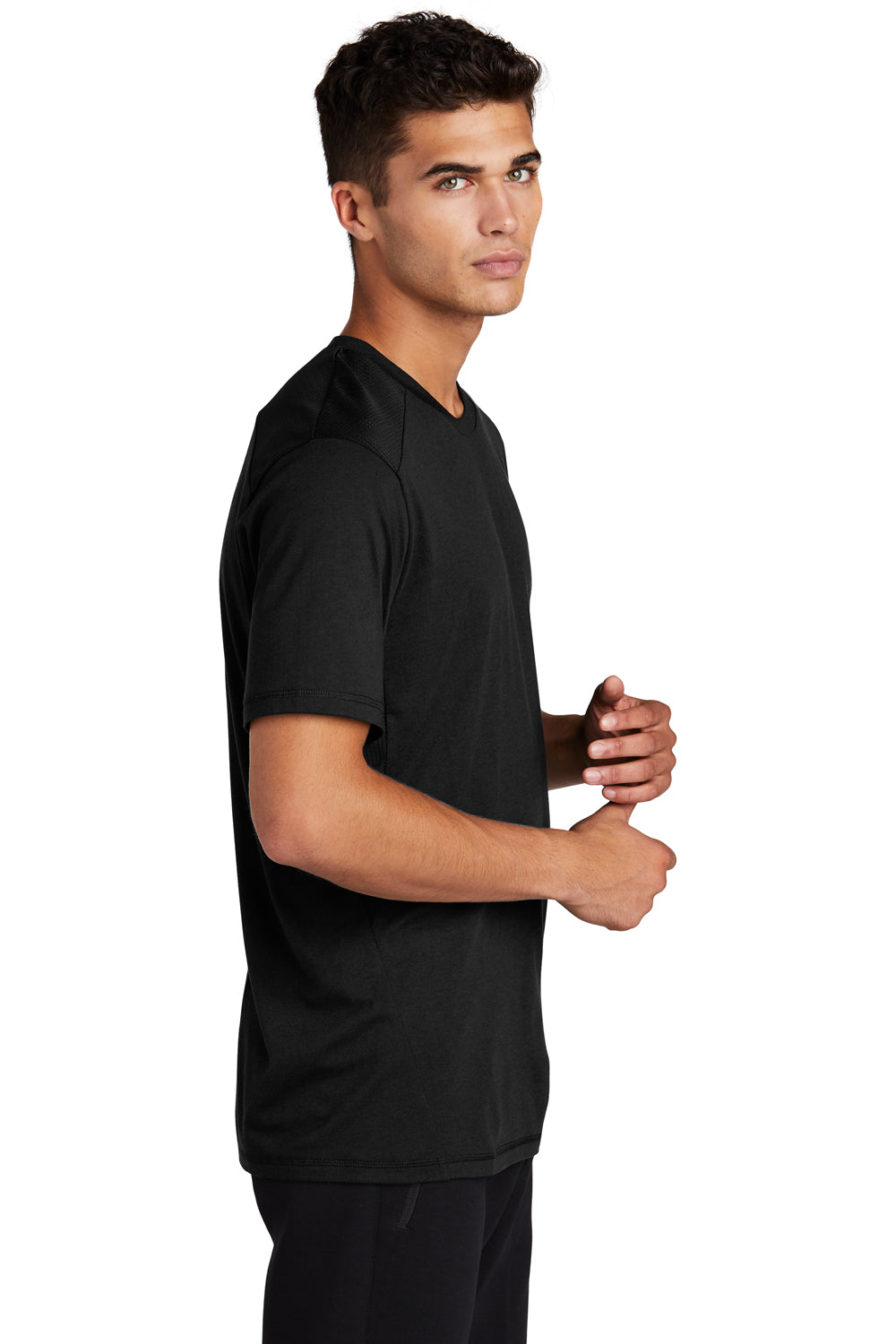 Sport-Tek ST410 Mens Draft Moisture Wicking Short Sleeve Crewneck T-Shirt Black Model Side