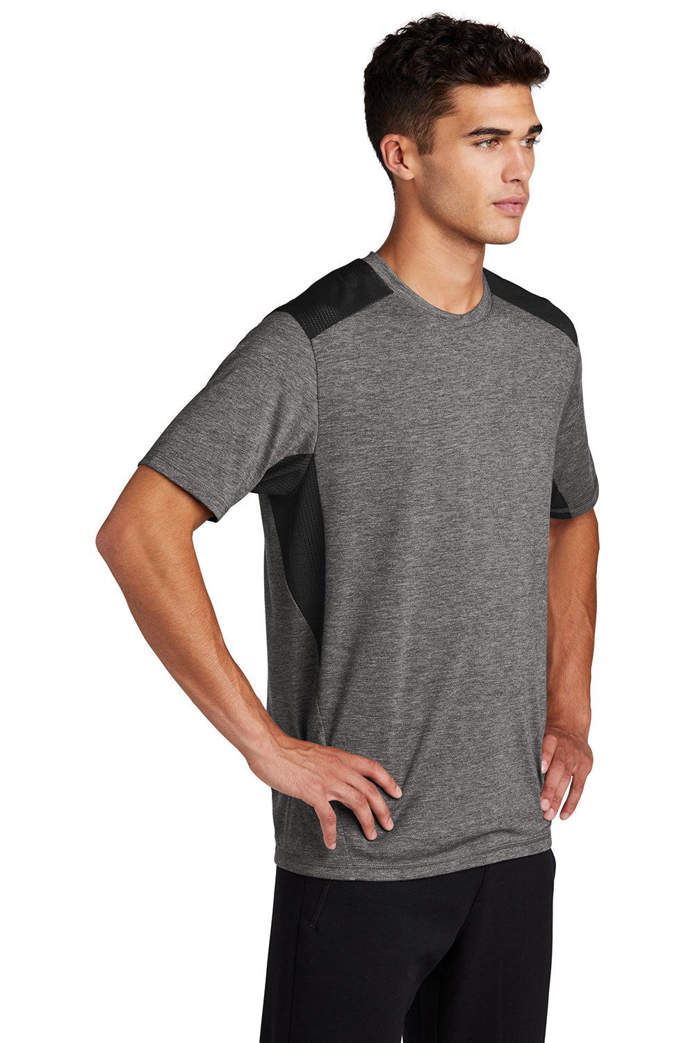 Sport-Tek ST410 Mens Draft Moisture Wicking Short Sleeve Crewneck T-Shirt Heather Dark Grey/Black Model 3q