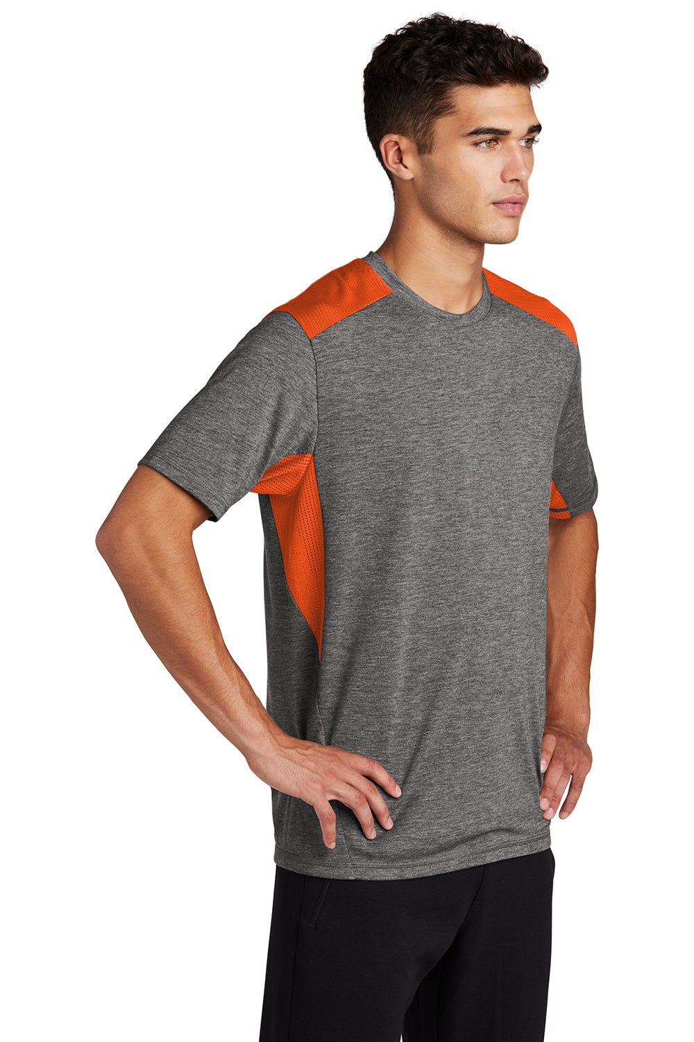 Sport-Tek ST410 Mens Draft Moisture Wicking Short Sleeve Crewneck T-Shirt Heather Dark Grey/Deep Orange Model 3q