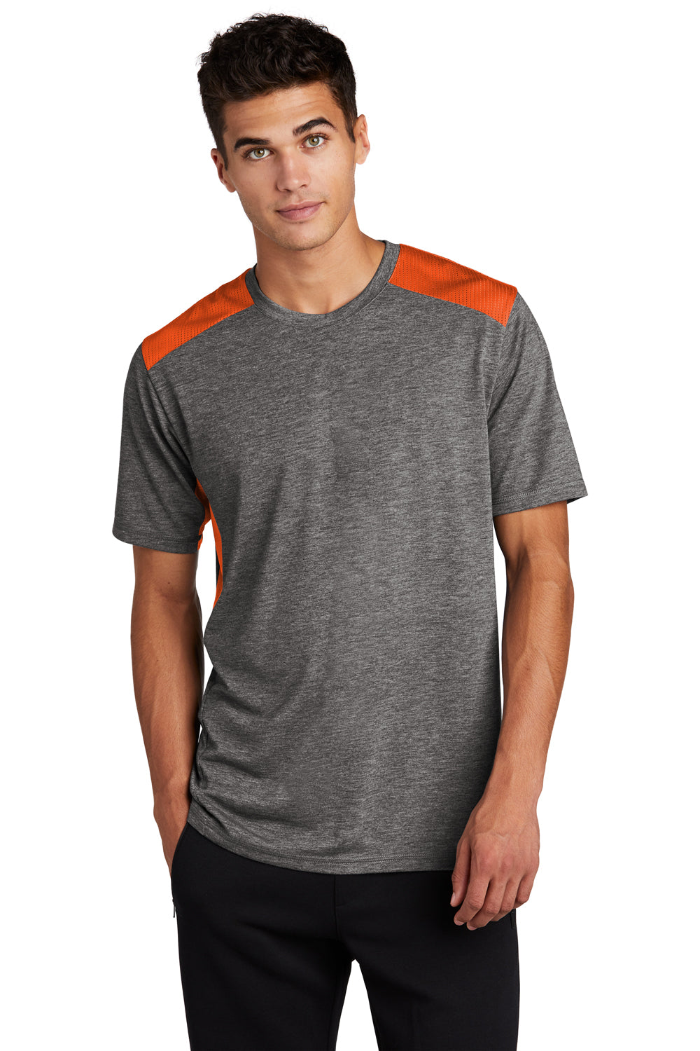 Sport-Tek ST410 Mens Draft Moisture Wicking Short Sleeve Crewneck T-Shirt Heather Dark Grey/Deep Orange Model Front