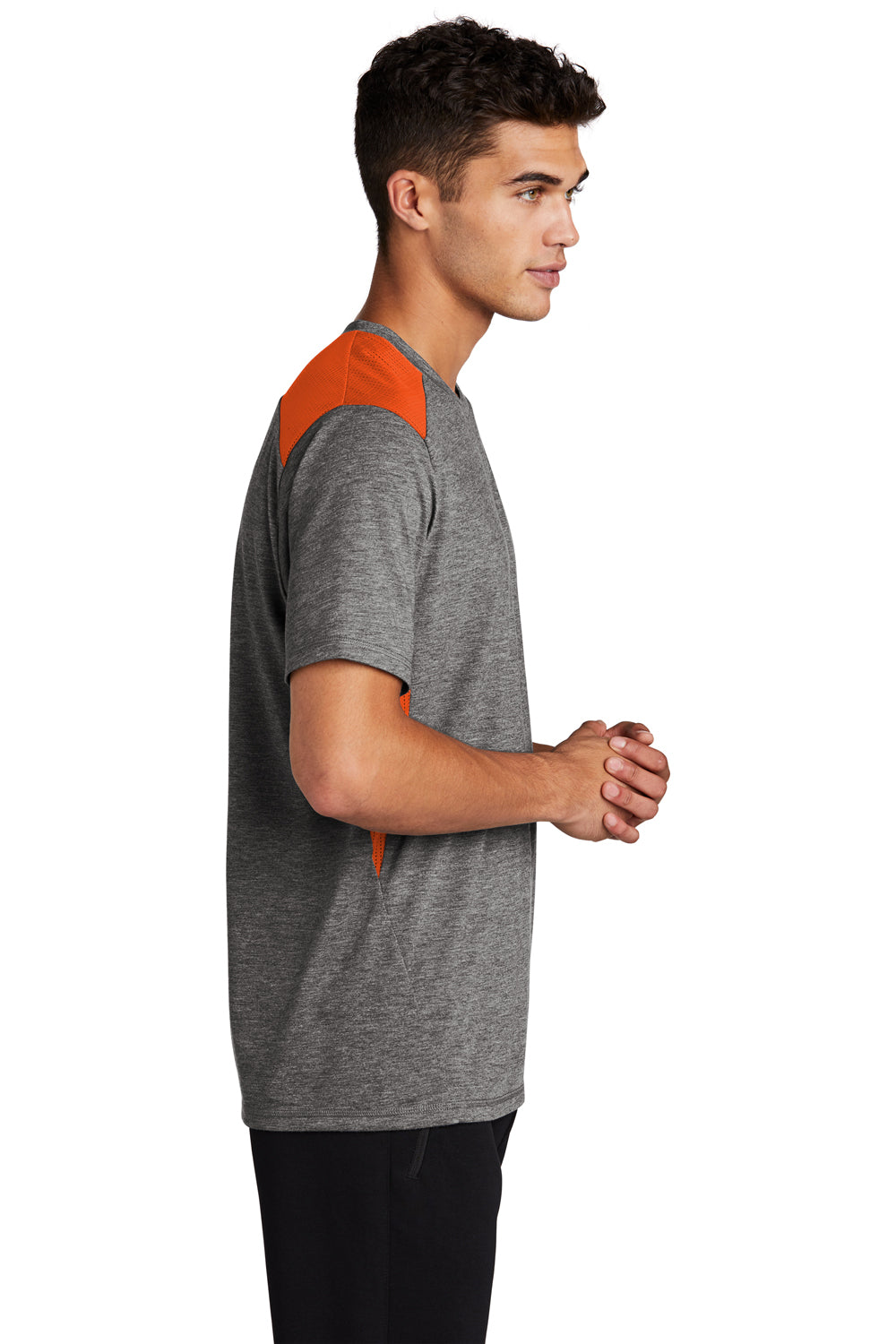 Sport-Tek ST410 Mens Draft Moisture Wicking Short Sleeve Crewneck T-Shirt Heather Dark Grey/Deep Orange Model Side