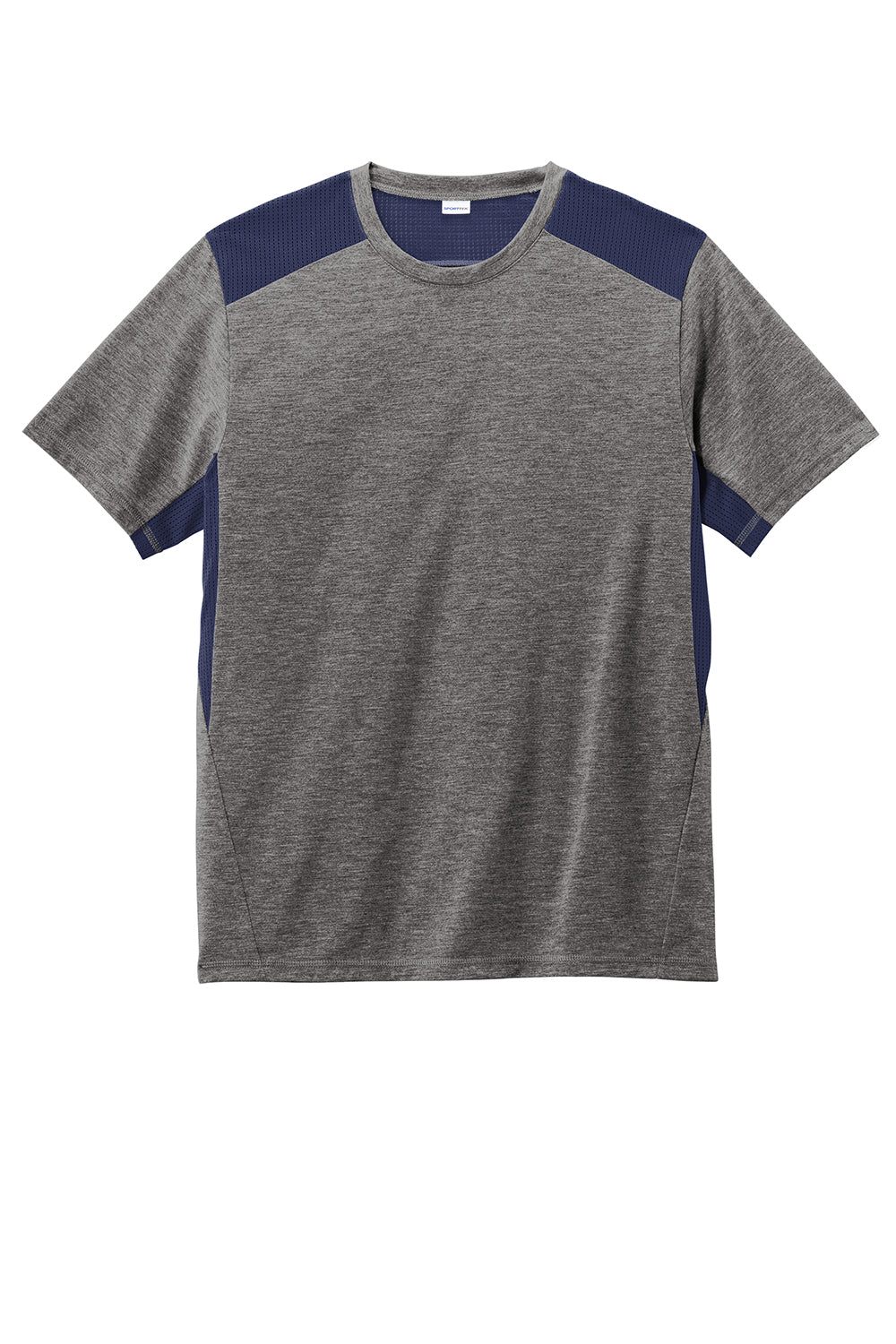 Sport-Tek ST410 Mens Draft Moisture Wicking Short Sleeve Crewneck T-Shirt Heather Dark Grey/True Navy Blue Flat Front