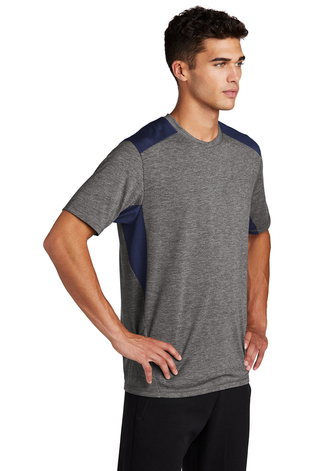 Sport-Tek ST410 Mens Draft Moisture Wicking Short Sleeve Crewneck T-Shirt Heather Dark Grey/True Navy Blue Model 3q