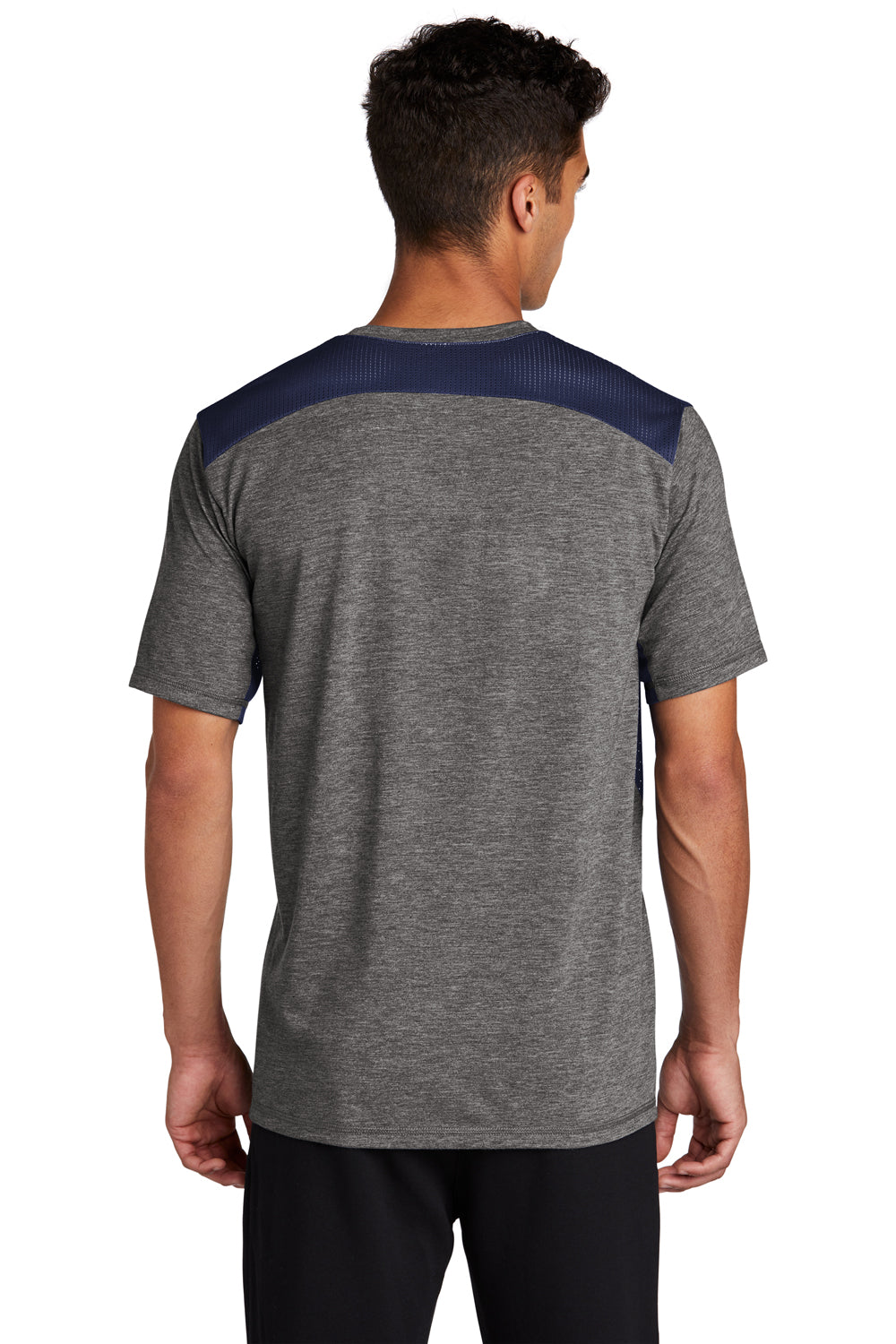 Sport-Tek ST410 Mens Draft Moisture Wicking Short Sleeve Crewneck T-Shirt Heather Dark Grey/True Navy Blue Model Back