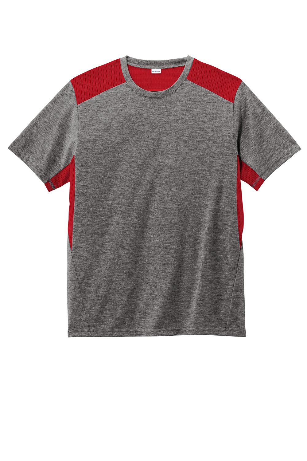 Sport-Tek ST410 Mens Draft Moisture Wicking Short Sleeve Crewneck T-Shirt Heather Dark Grey/True Red Flat Front